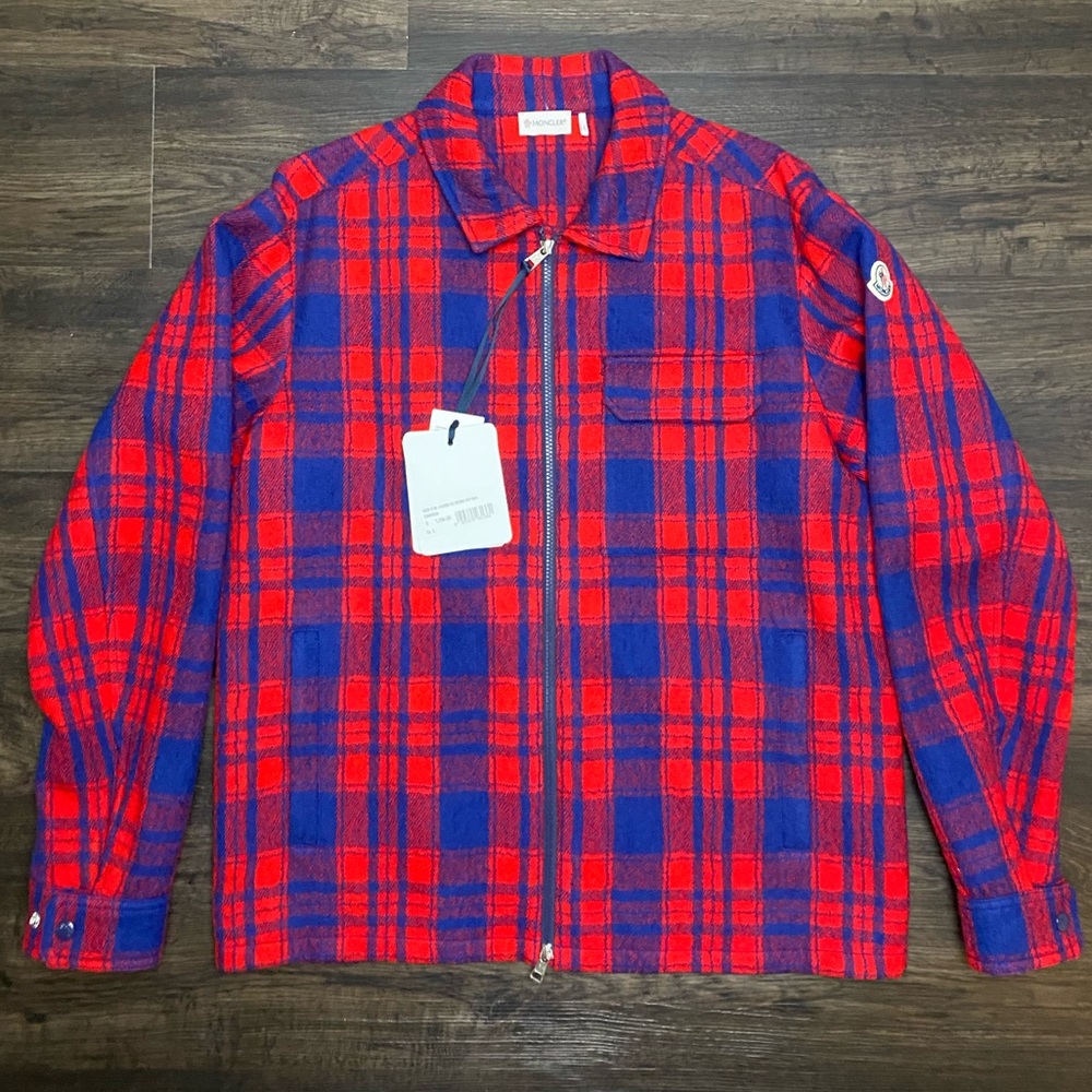 New Moncler Plaid Virgin Wool Flannel Full Zip Overshirt
